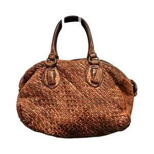 90's Langellotti Italian woven brown leather bag Large duffel top handle braided